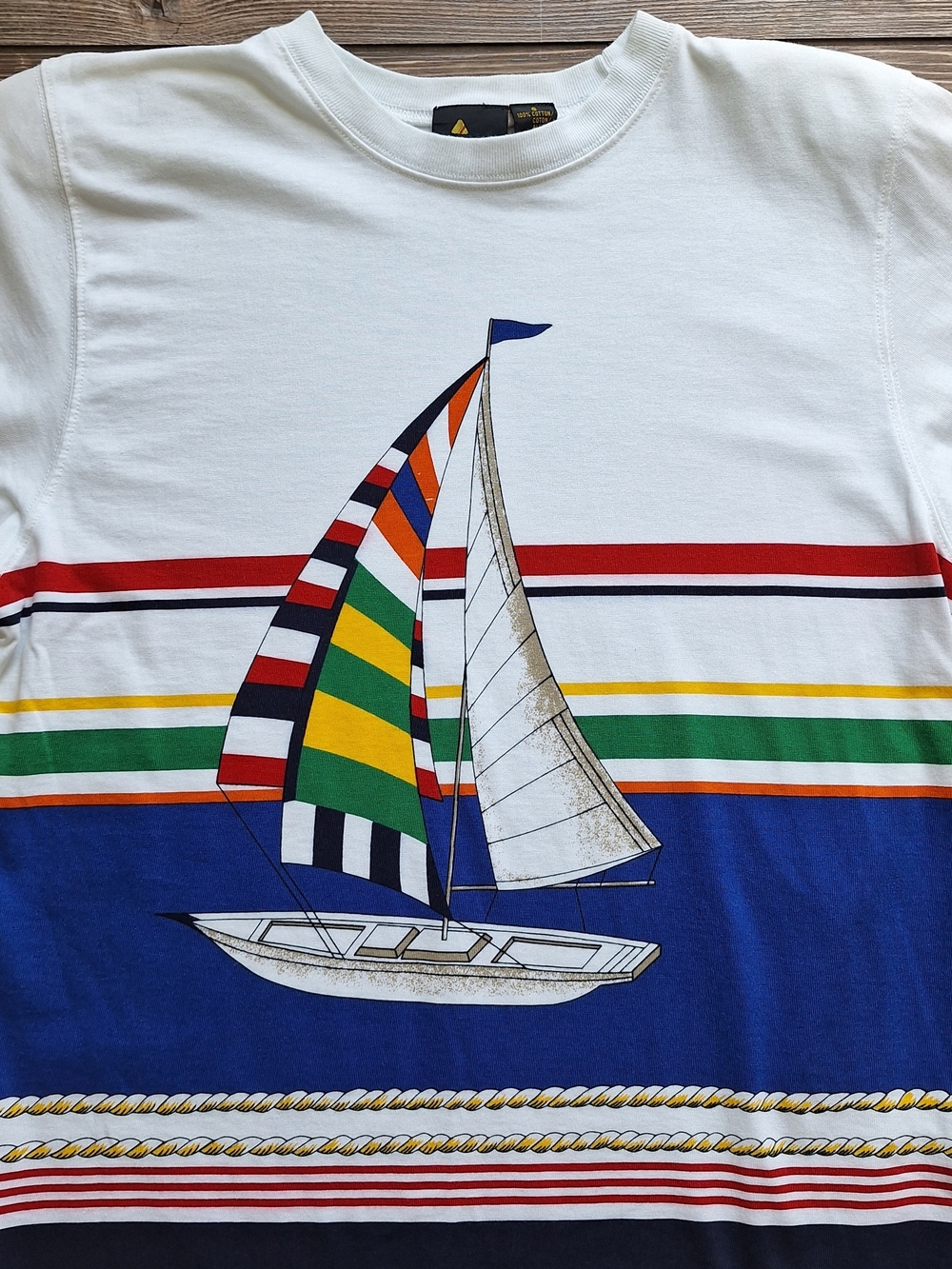 Vintage Liz Sport Colorful Striped Long Sleeve Sailboat Graphic Tunic Shirt